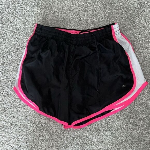 athletic running work out lined women’s shorts M Black Pink & White - Picture 1 of 3